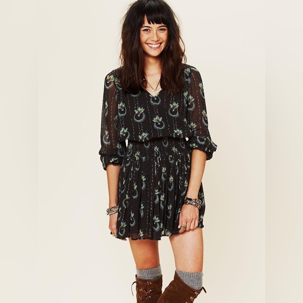 Free People Wild Horses Peacock Print Mini Dress | Boho | Black | Size XS - Picture 3 of 11